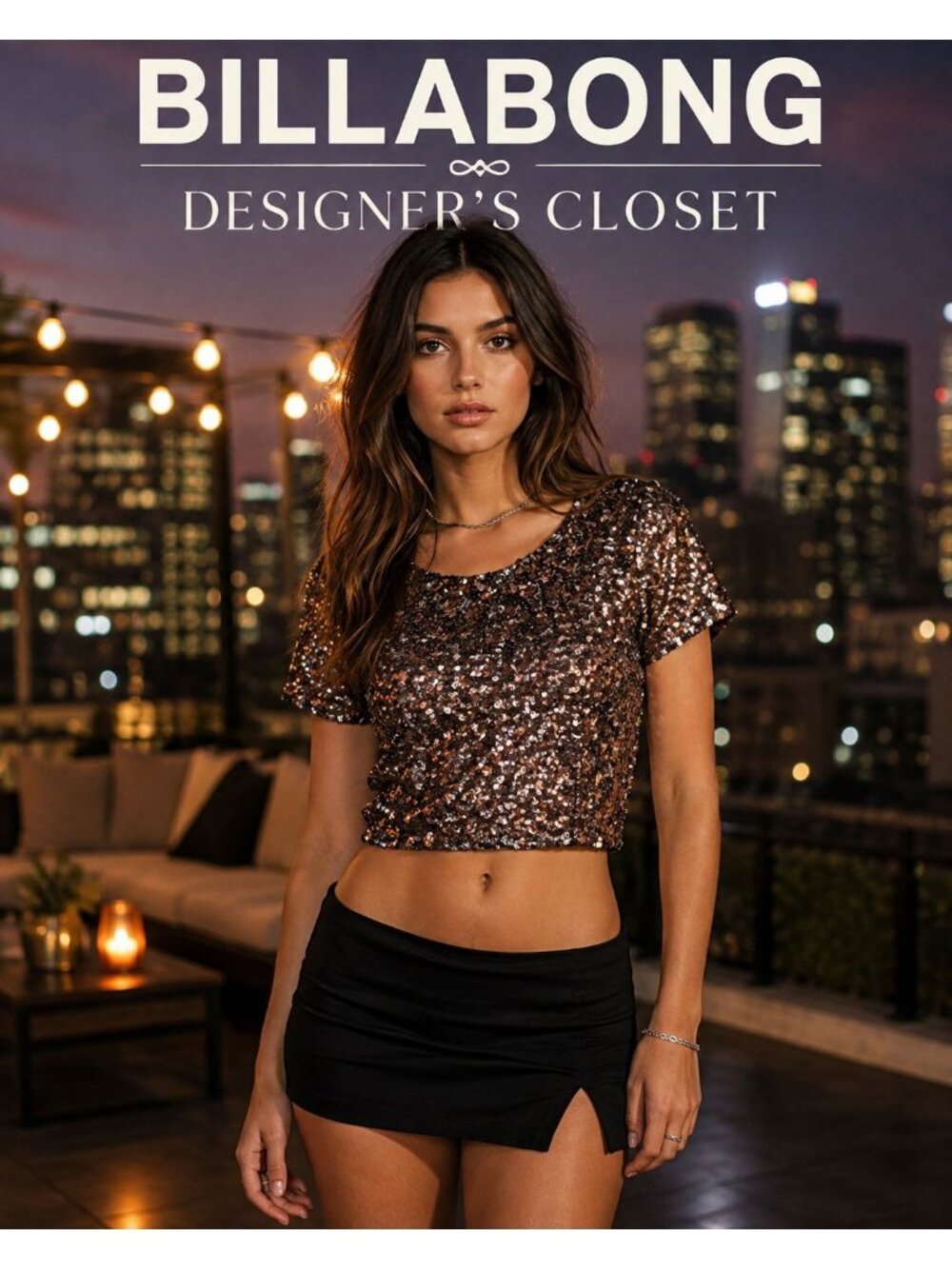 VTG Y2K Billabong Designer's Closet Crop Top L Bronze Sequin Party Glam